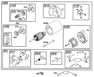 Electric Starter And Switch Diagram and Parts List for 252412-0728-XX  Briggs and Stratton Engine